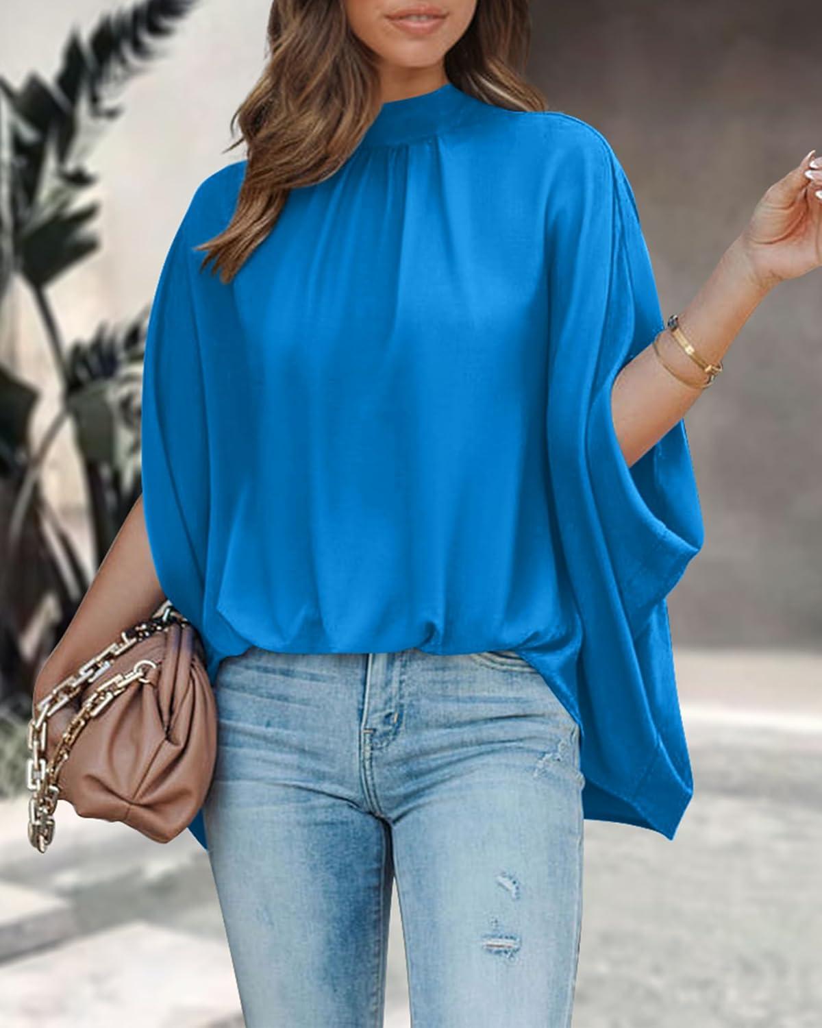 imageBTFBM Womens Summer Tops 2025 Fall Mock Neck Batwing Sleeve Shirts Loose High Low Hem Oversized Dressy Casual BlousesBlue