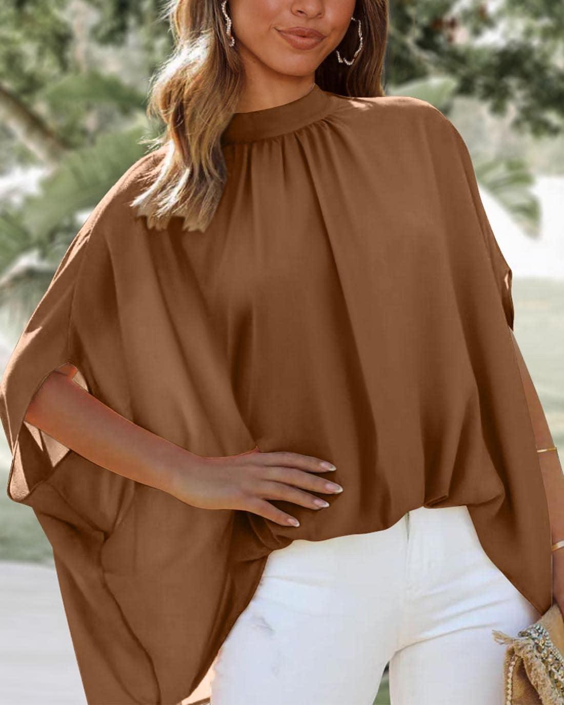 imageBTFBM Womens Summer Tops 2025 Fall Mock Neck Batwing Sleeve Shirts Loose High Low Hem Oversized Dressy Casual BlousesBrown