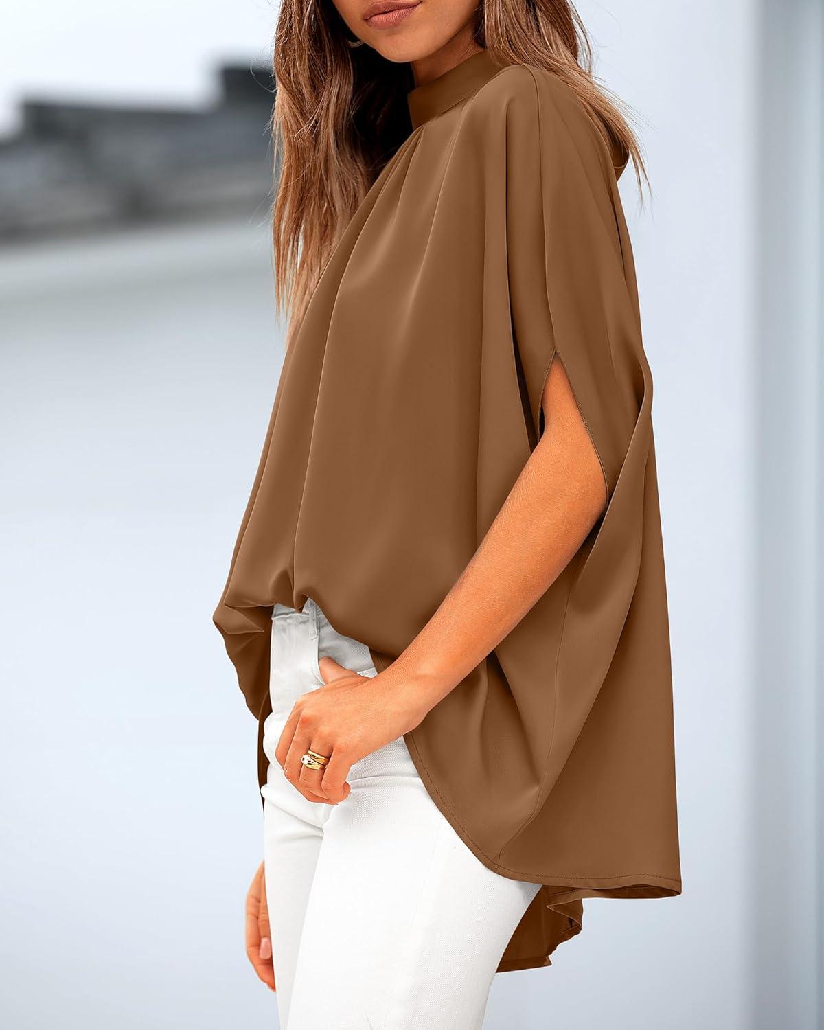 imageBTFBM Womens Summer Tops 2025 Fall Mock Neck Batwing Sleeve Shirts Loose High Low Hem Oversized Dressy Casual BlousesBrown