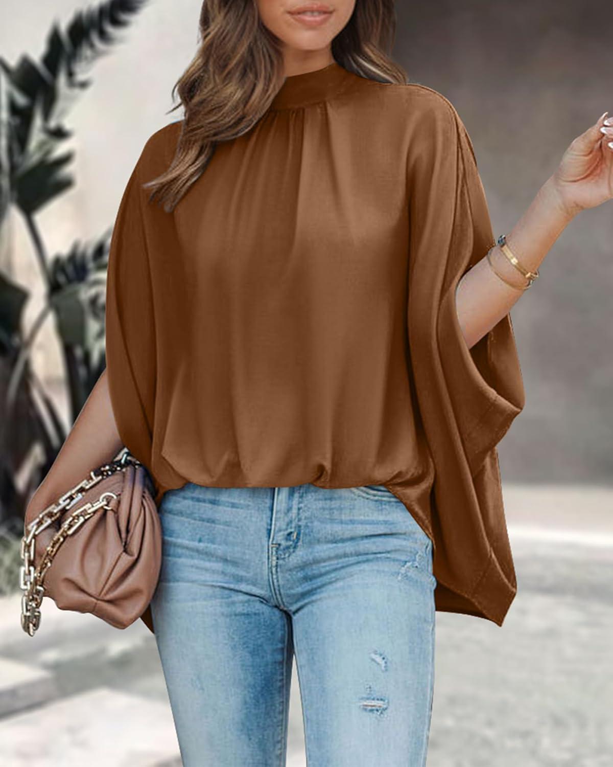 imageBTFBM Womens Summer Tops 2025 Fall Mock Neck Batwing Sleeve Shirts Loose High Low Hem Oversized Dressy Casual BlousesBrown