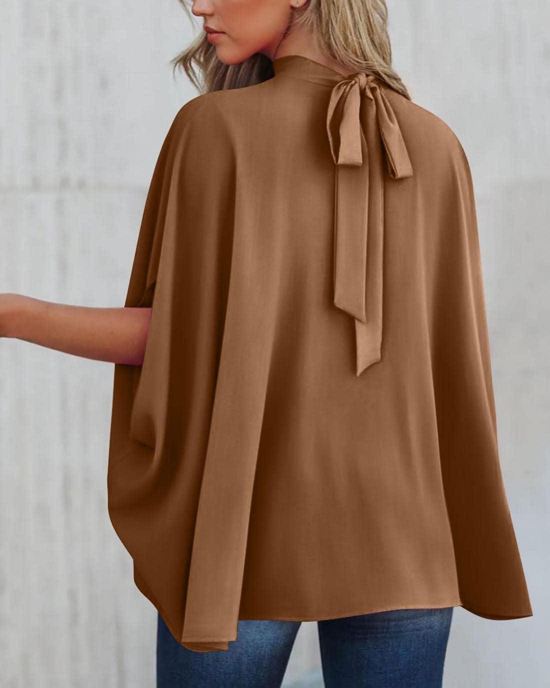 imageBTFBM Womens Summer Tops 2025 Fall Mock Neck Batwing Sleeve Shirts Loose High Low Hem Oversized Dressy Casual BlousesBrown