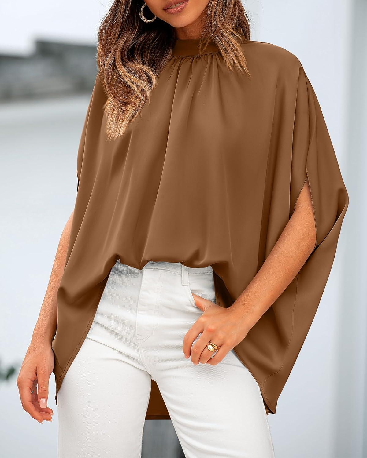 imageBTFBM Womens Summer Tops 2025 Fall Mock Neck Batwing Sleeve Shirts Loose High Low Hem Oversized Dressy Casual BlousesBrown