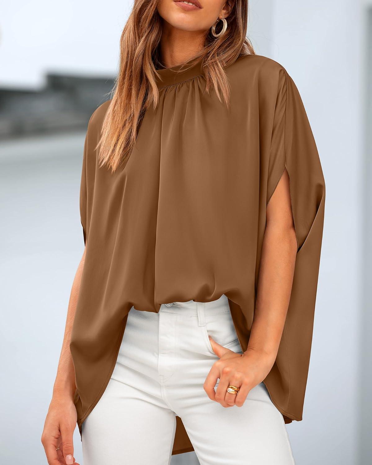 imageBTFBM Womens Summer Tops 2025 Fall Mock Neck Batwing Sleeve Shirts Loose High Low Hem Oversized Dressy Casual BlousesBrown