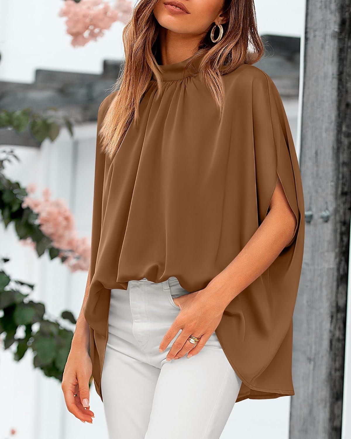 imageBTFBM Womens Summer Tops 2025 Fall Mock Neck Batwing Sleeve Shirts Loose High Low Hem Oversized Dressy Casual BlousesBrown