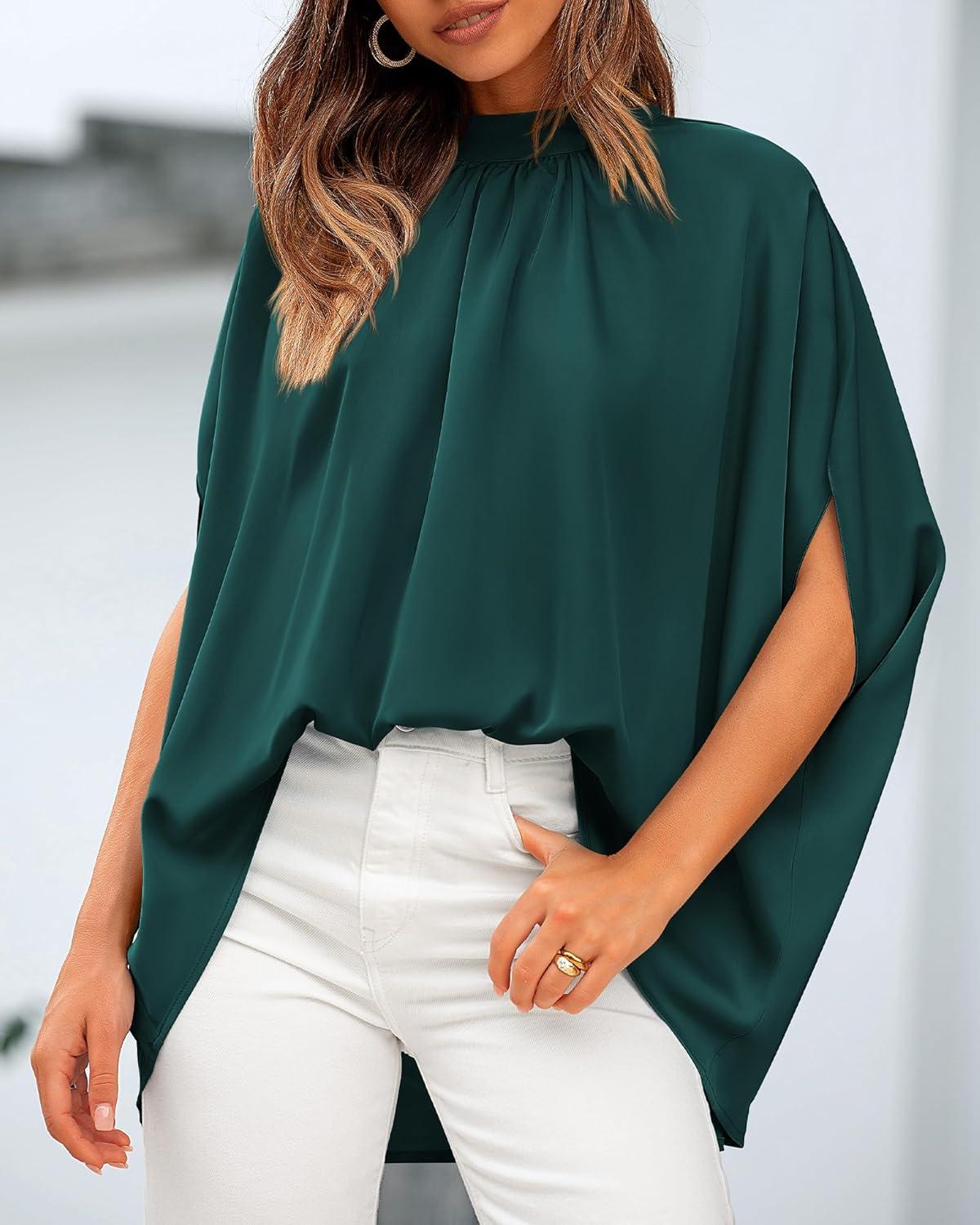 imageBTFBM Womens Summer Tops 2025 Fall Mock Neck Batwing Sleeve Shirts Loose High Low Hem Oversized Dressy Casual BlousesDark Green