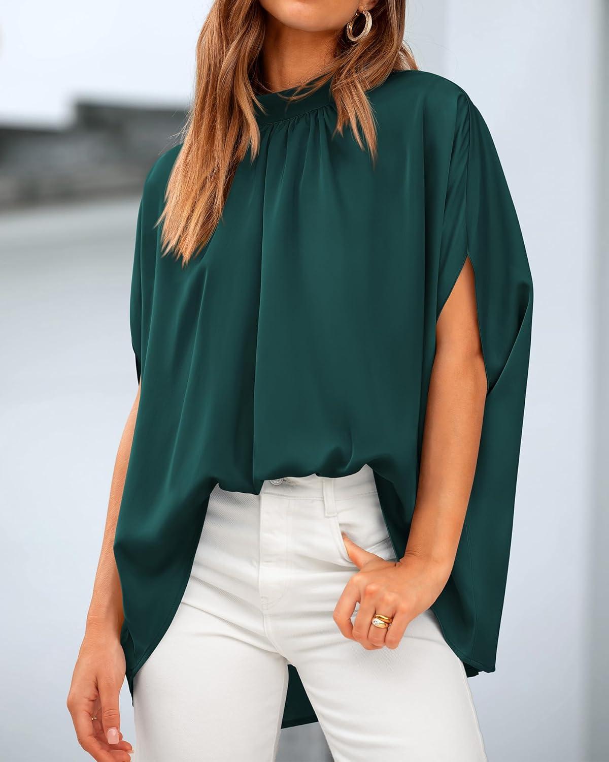 imageBTFBM Womens Summer Tops 2025 Fall Mock Neck Batwing Sleeve Shirts Loose High Low Hem Oversized Dressy Casual BlousesDark Green