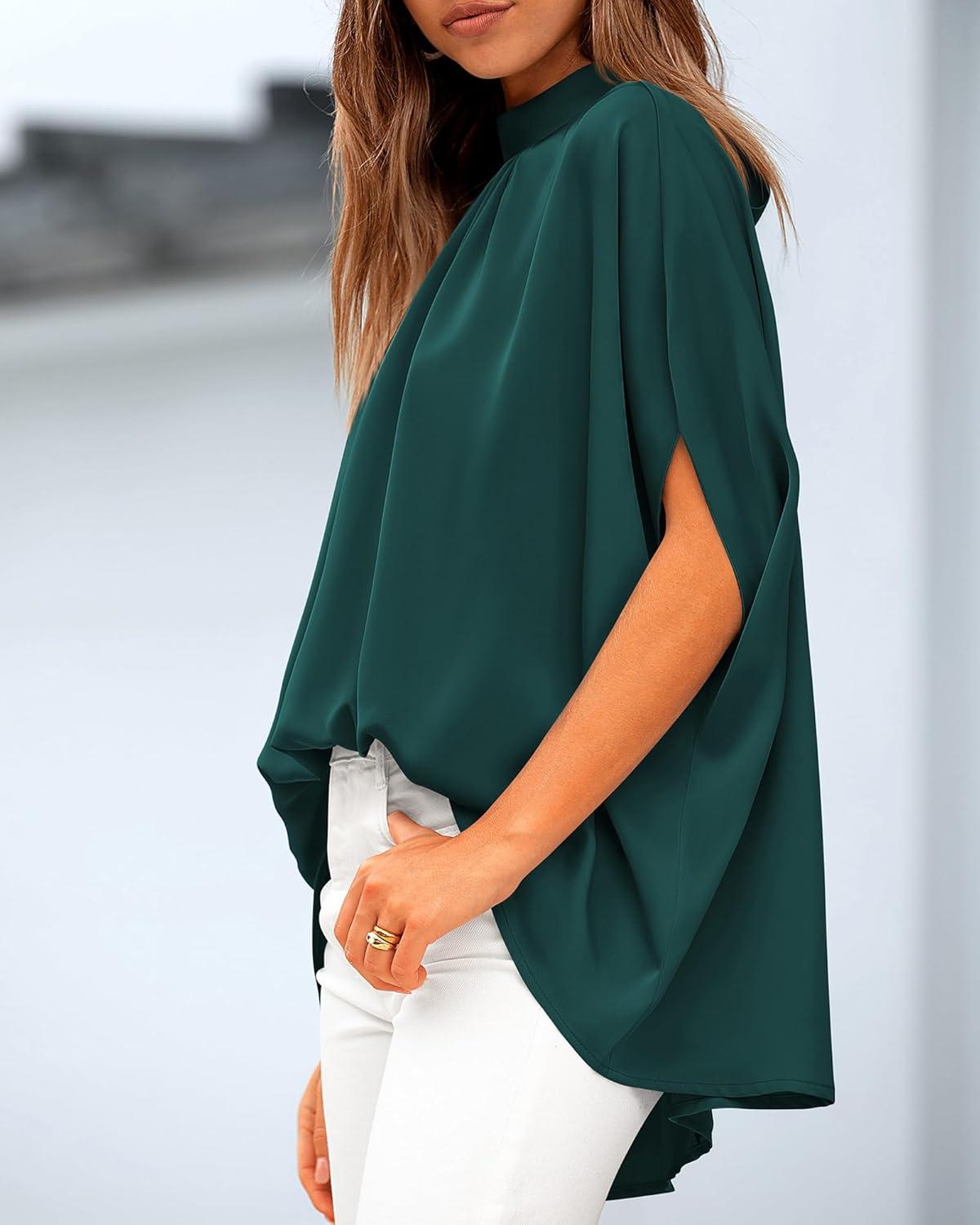 imageBTFBM Womens Summer Tops 2025 Fall Mock Neck Batwing Sleeve Shirts Loose High Low Hem Oversized Dressy Casual BlousesDark Green