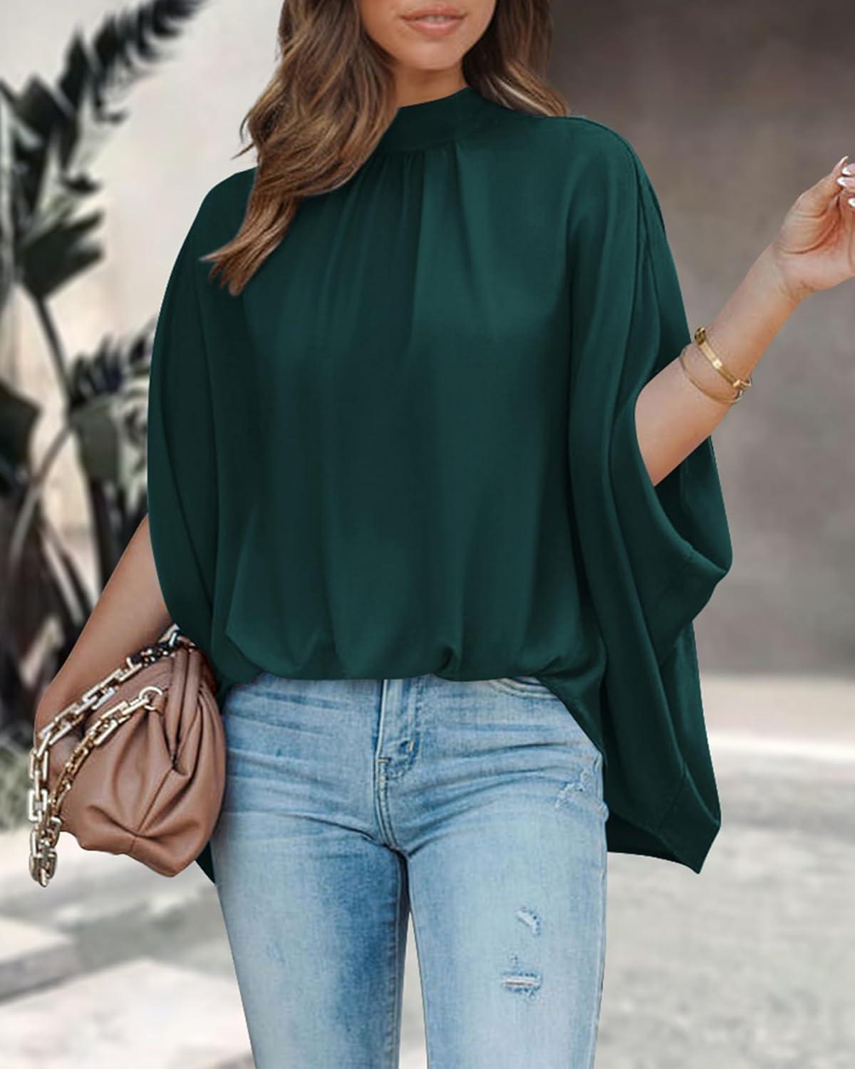 imageBTFBM Womens Summer Tops 2025 Fall Mock Neck Batwing Sleeve Shirts Loose High Low Hem Oversized Dressy Casual BlousesDark Green