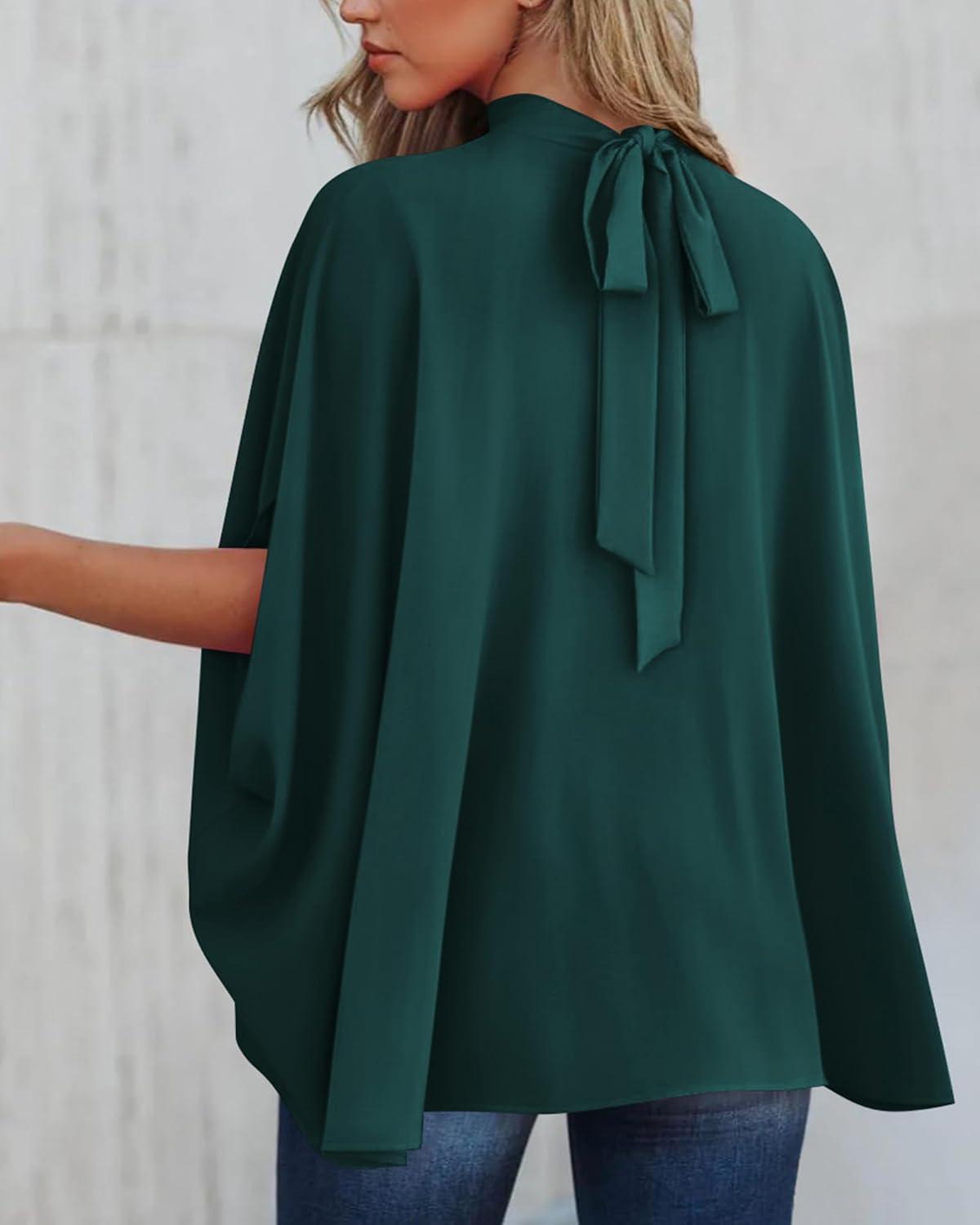 imageBTFBM Womens Summer Tops 2025 Fall Mock Neck Batwing Sleeve Shirts Loose High Low Hem Oversized Dressy Casual BlousesDark Green