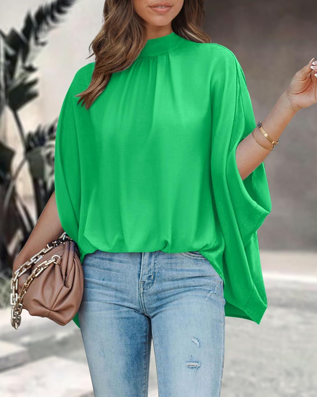 imageBTFBM Womens Summer Tops 2025 Fall Mock Neck Batwing Sleeve Shirts Loose High Low Hem Oversized Dressy Casual BlousesGrass Green