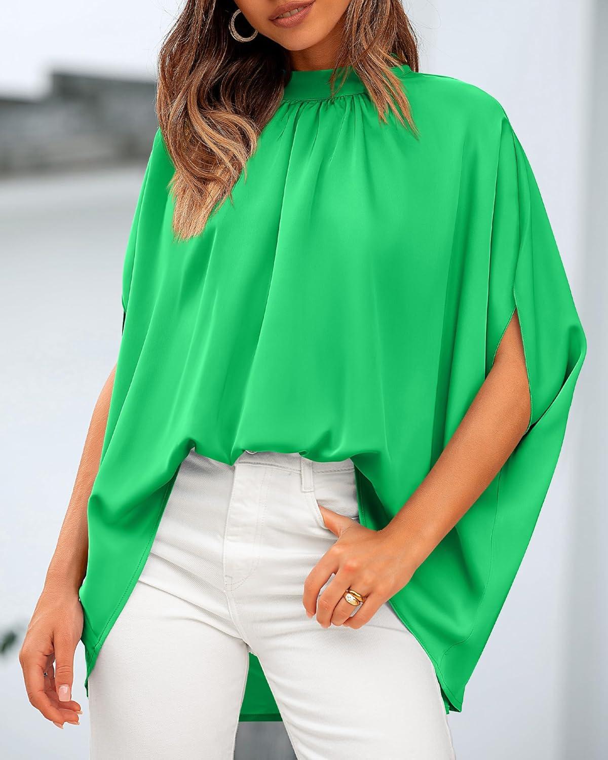 imageBTFBM Womens Summer Tops 2025 Fall Mock Neck Batwing Sleeve Shirts Loose High Low Hem Oversized Dressy Casual BlousesGrass Green