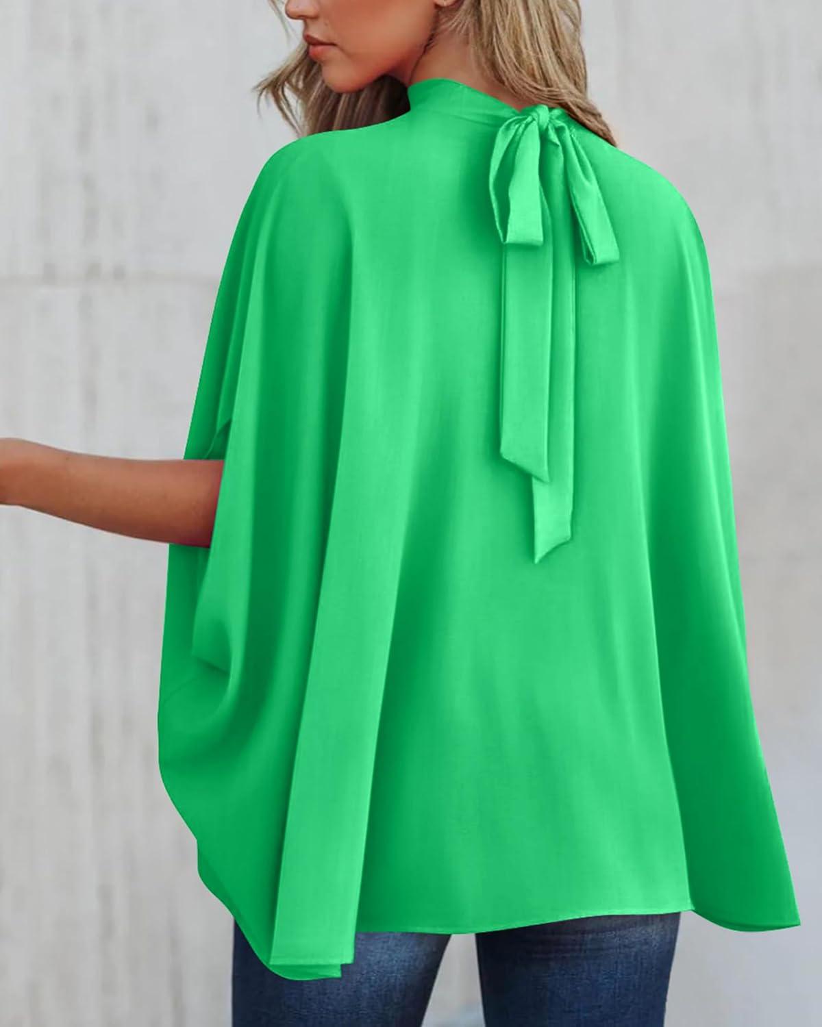 imageBTFBM Womens Summer Tops 2025 Fall Mock Neck Batwing Sleeve Shirts Loose High Low Hem Oversized Dressy Casual BlousesGrass Green