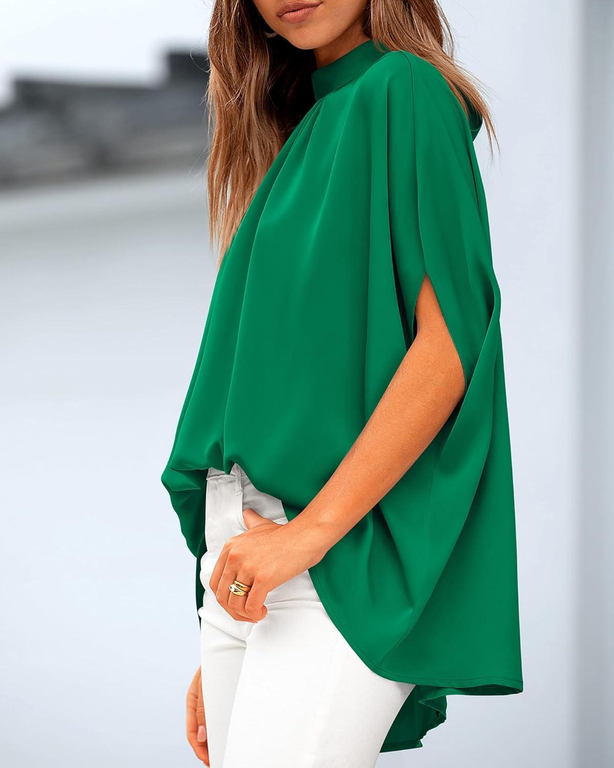 imageBTFBM Womens Summer Tops 2025 Fall Mock Neck Batwing Sleeve Shirts Loose High Low Hem Oversized Dressy Casual BlousesGreen