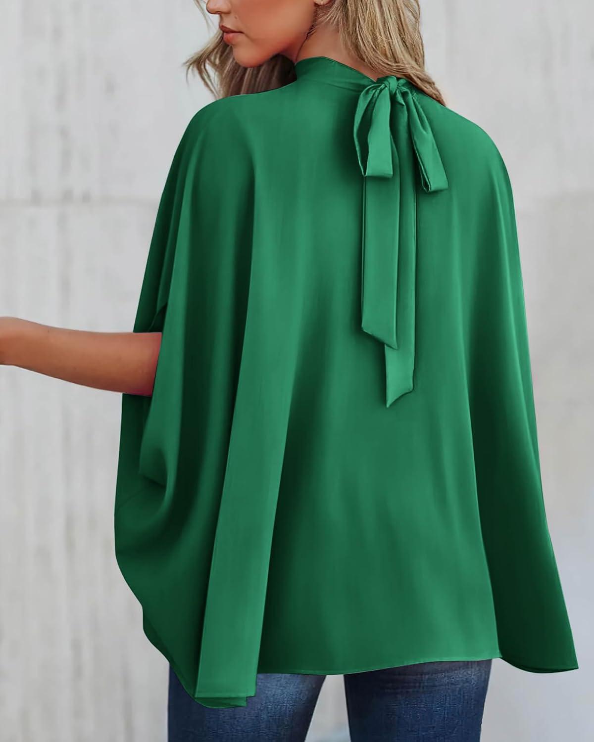 imageBTFBM Womens Summer Tops 2025 Fall Mock Neck Batwing Sleeve Shirts Loose High Low Hem Oversized Dressy Casual BlousesGreen