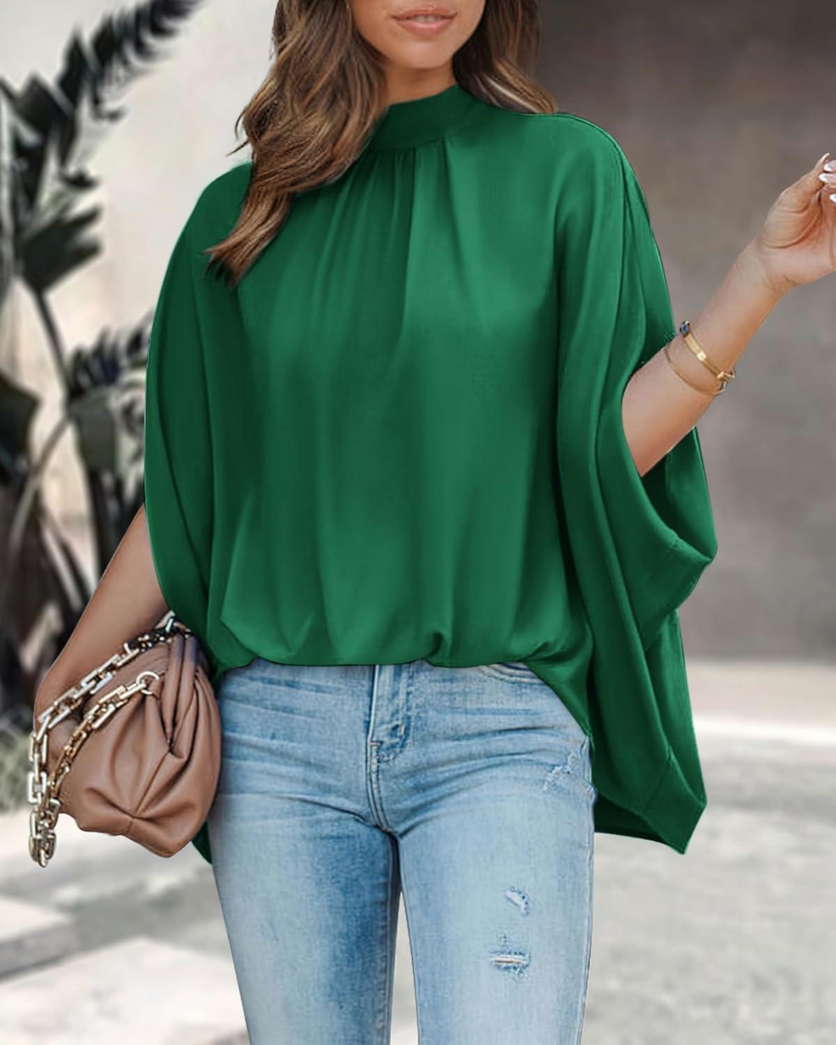 imageBTFBM Womens Summer Tops 2025 Fall Mock Neck Batwing Sleeve Shirts Loose High Low Hem Oversized Dressy Casual BlousesGreen