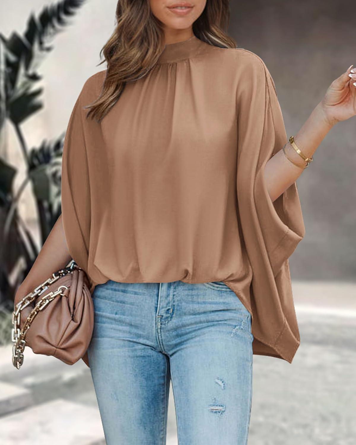 imageBTFBM Womens Summer Tops 2025 Fall Mock Neck Batwing Sleeve Shirts Loose High Low Hem Oversized Dressy Casual BlousesKhaki