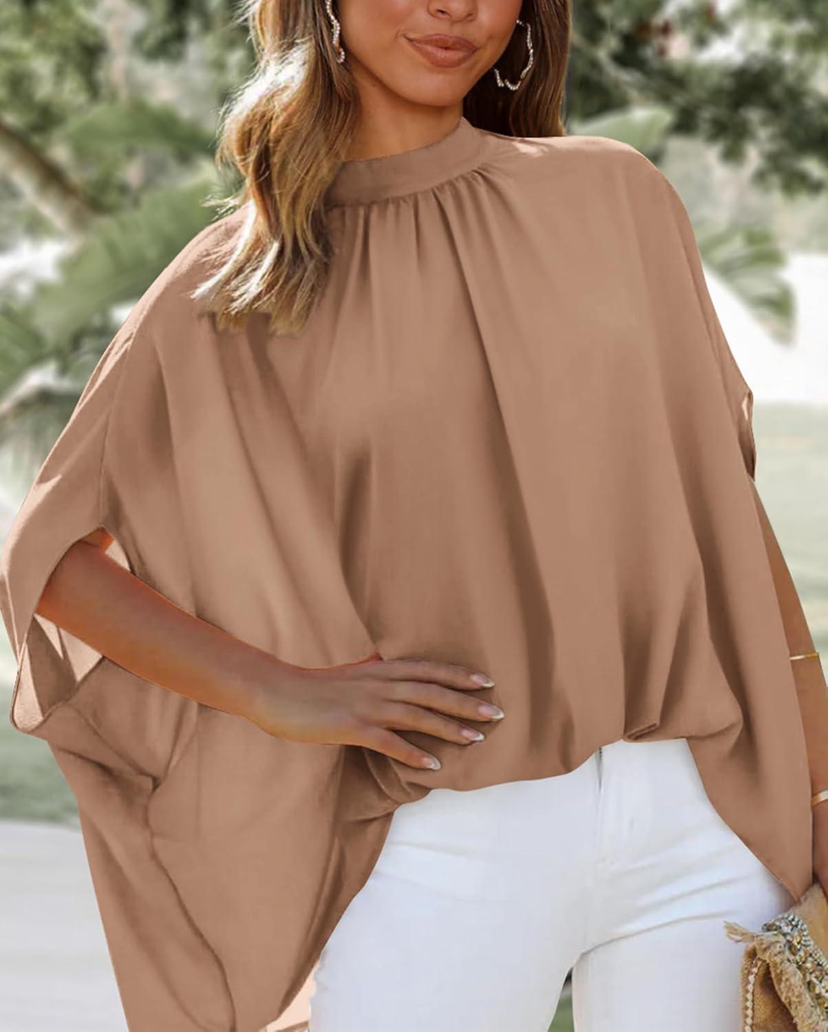 imageBTFBM Womens Summer Tops 2025 Fall Mock Neck Batwing Sleeve Shirts Loose High Low Hem Oversized Dressy Casual BlousesKhaki