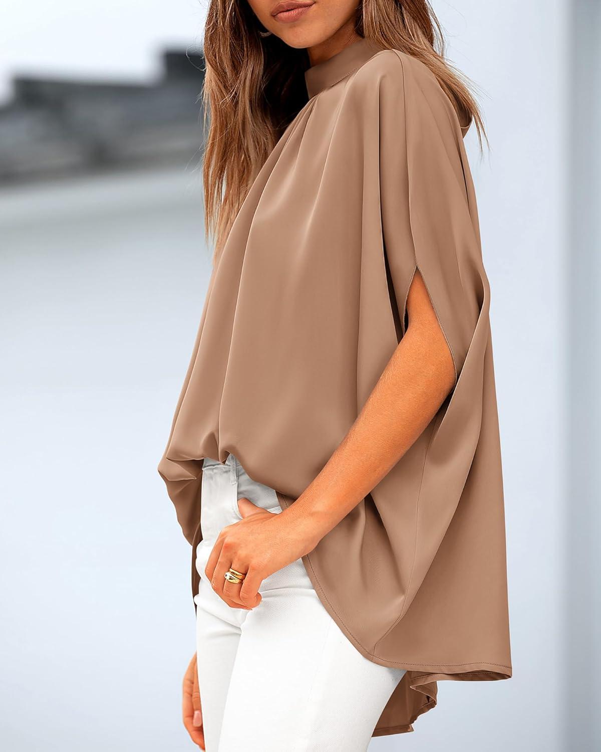 imageBTFBM Womens Summer Tops 2025 Fall Mock Neck Batwing Sleeve Shirts Loose High Low Hem Oversized Dressy Casual BlousesKhaki