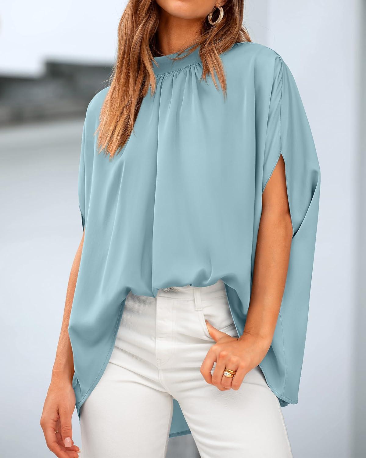 imageBTFBM Womens Summer Tops 2025 Fall Mock Neck Batwing Sleeve Shirts Loose High Low Hem Oversized Dressy Casual BlousesLight Blue