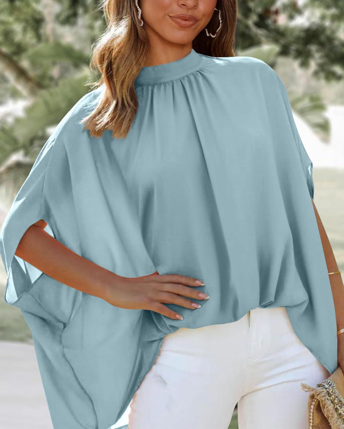 imageBTFBM Womens Summer Tops 2025 Fall Mock Neck Batwing Sleeve Shirts Loose High Low Hem Oversized Dressy Casual BlousesLight Blue
