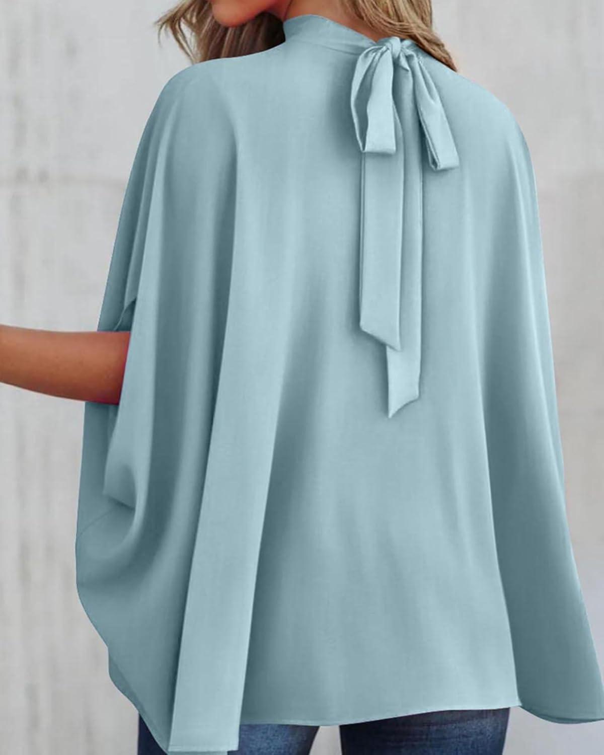 imageBTFBM Womens Summer Tops 2025 Fall Mock Neck Batwing Sleeve Shirts Loose High Low Hem Oversized Dressy Casual BlousesLight Blue