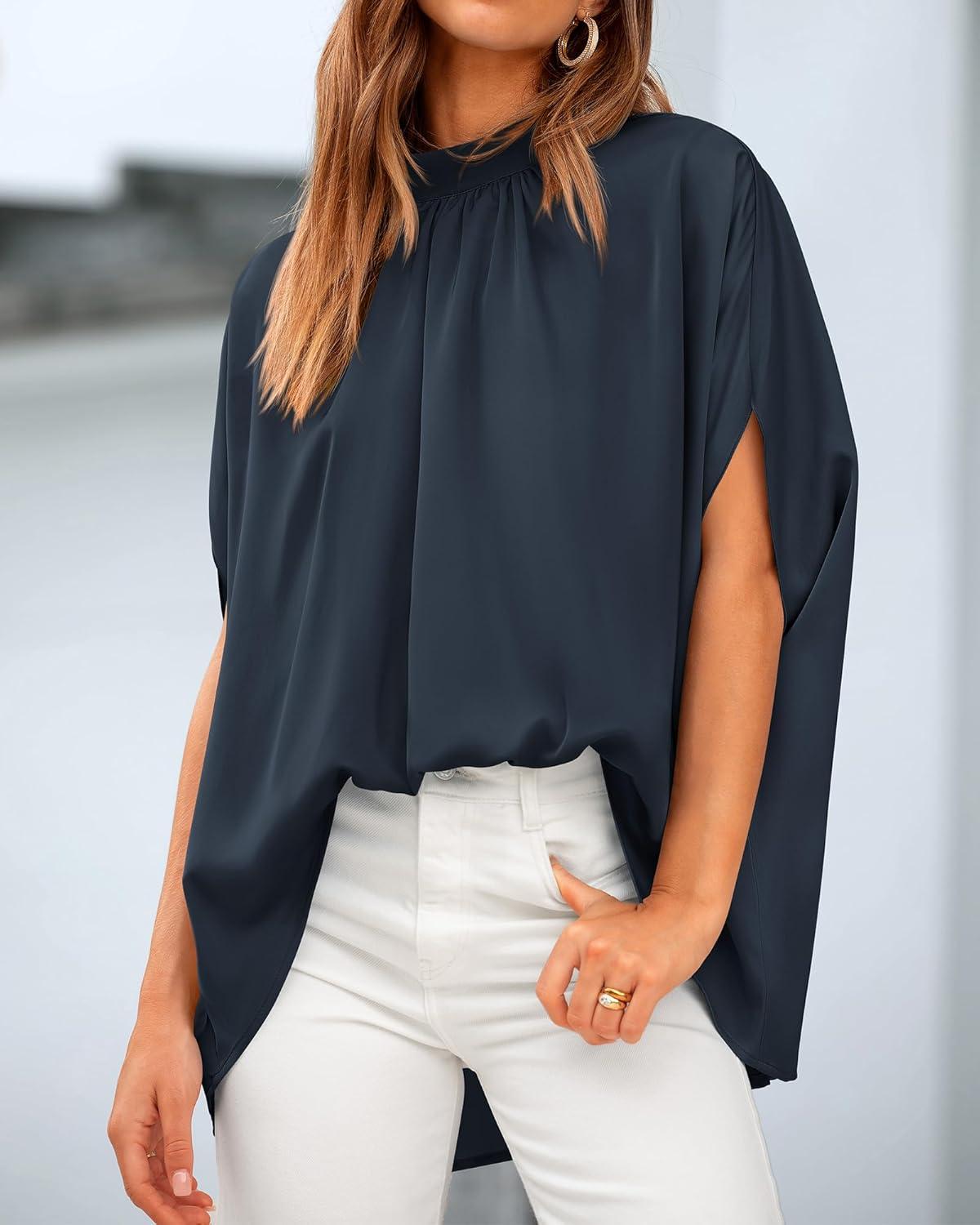 imageBTFBM Womens Summer Tops 2025 Fall Mock Neck Batwing Sleeve Shirts Loose High Low Hem Oversized Dressy Casual BlousesNavy