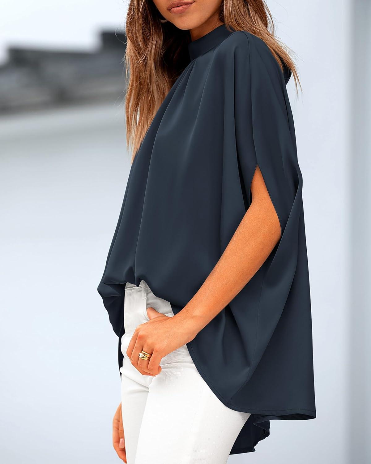 imageBTFBM Womens Summer Tops 2025 Fall Mock Neck Batwing Sleeve Shirts Loose High Low Hem Oversized Dressy Casual BlousesNavy