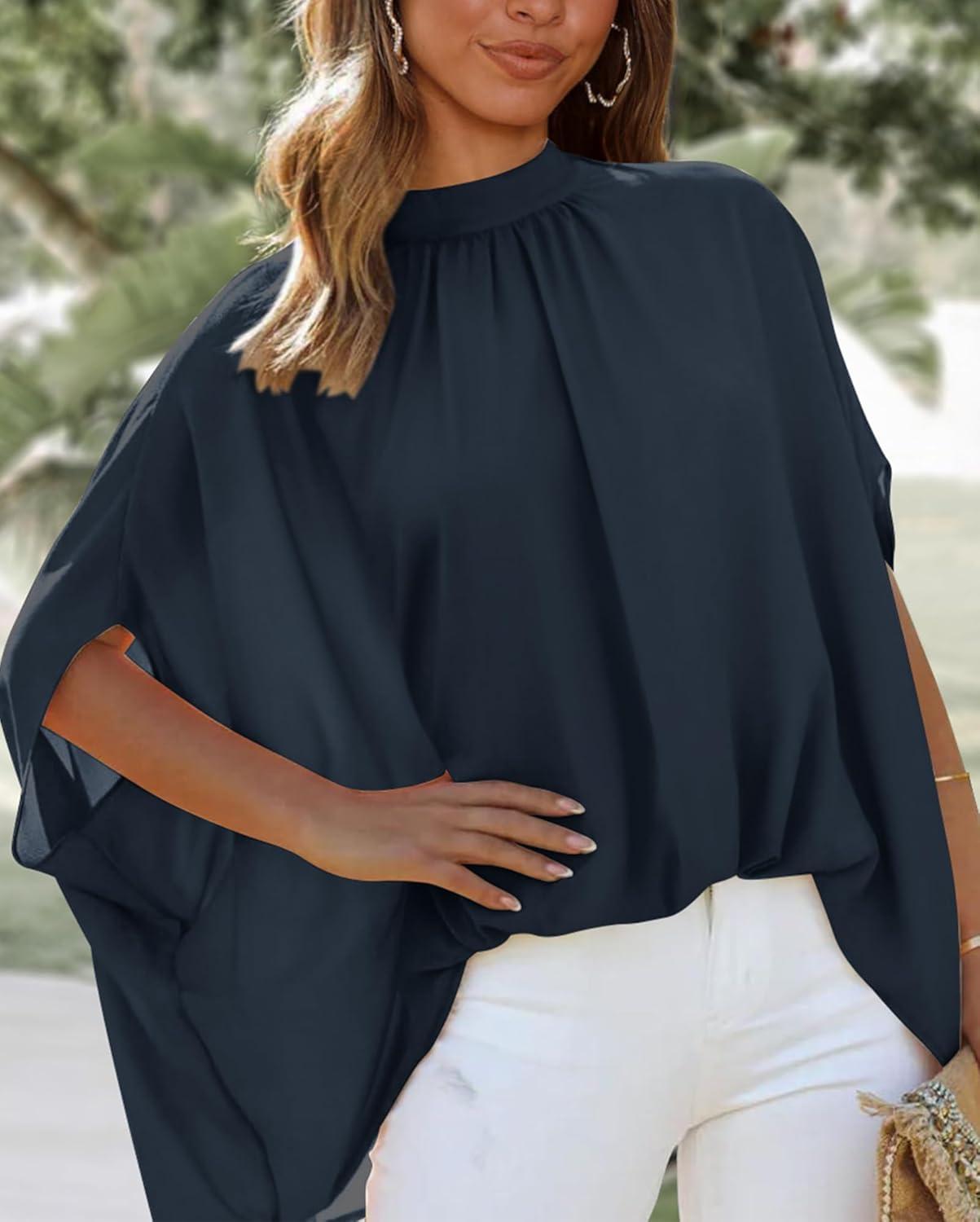 imageBTFBM Womens Summer Tops 2025 Fall Mock Neck Batwing Sleeve Shirts Loose High Low Hem Oversized Dressy Casual BlousesNavy
