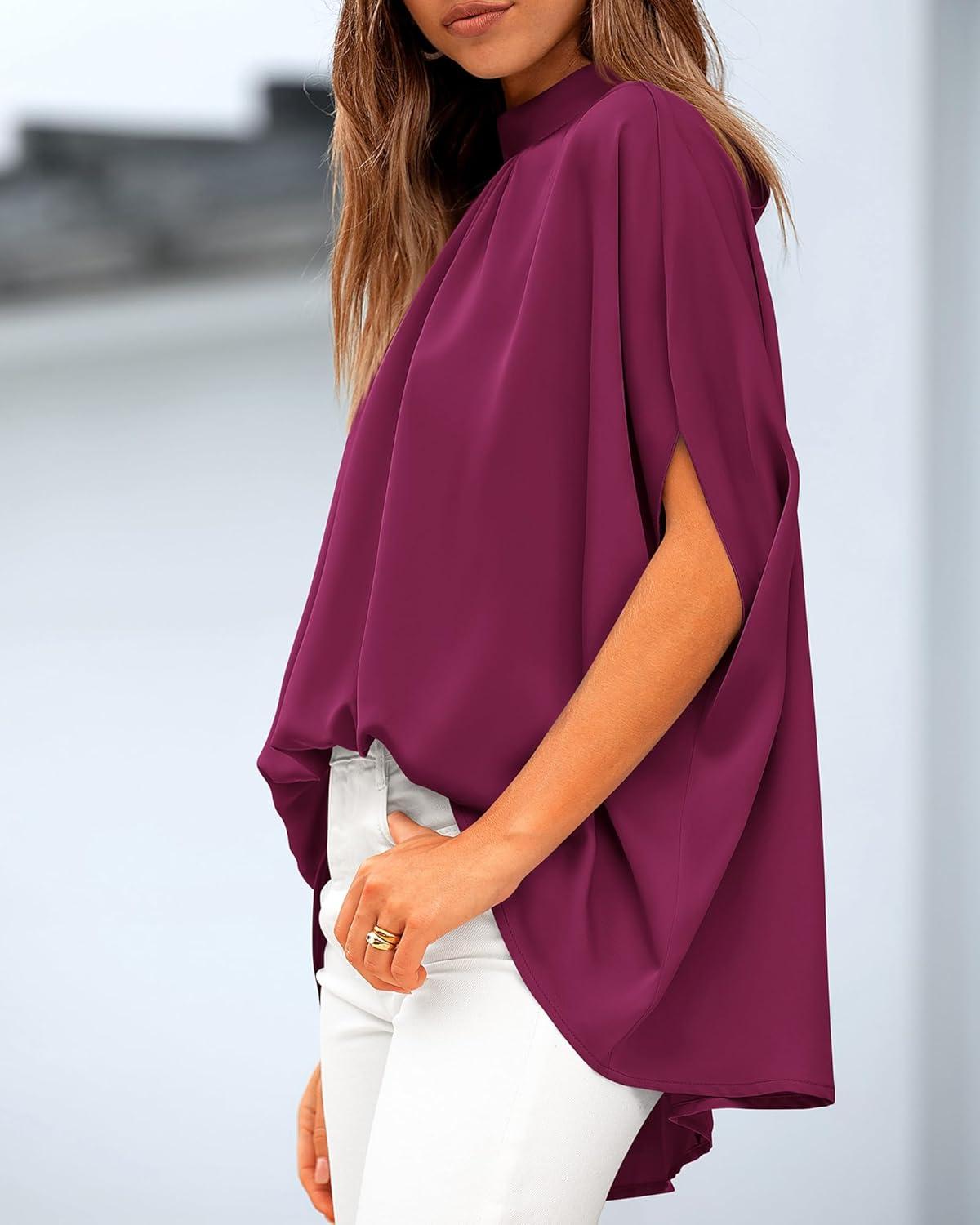 imageBTFBM Womens Summer Tops 2025 Fall Mock Neck Batwing Sleeve Shirts Loose High Low Hem Oversized Dressy Casual BlousesPurple Red
