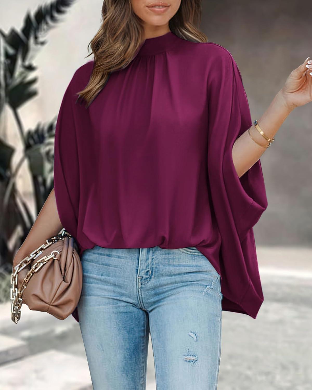 imageBTFBM Womens Summer Tops 2025 Fall Mock Neck Batwing Sleeve Shirts Loose High Low Hem Oversized Dressy Casual BlousesPurple Red