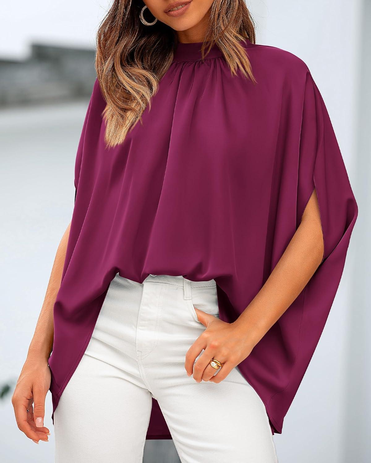imageBTFBM Womens Summer Tops 2025 Fall Mock Neck Batwing Sleeve Shirts Loose High Low Hem Oversized Dressy Casual BlousesPurple Red