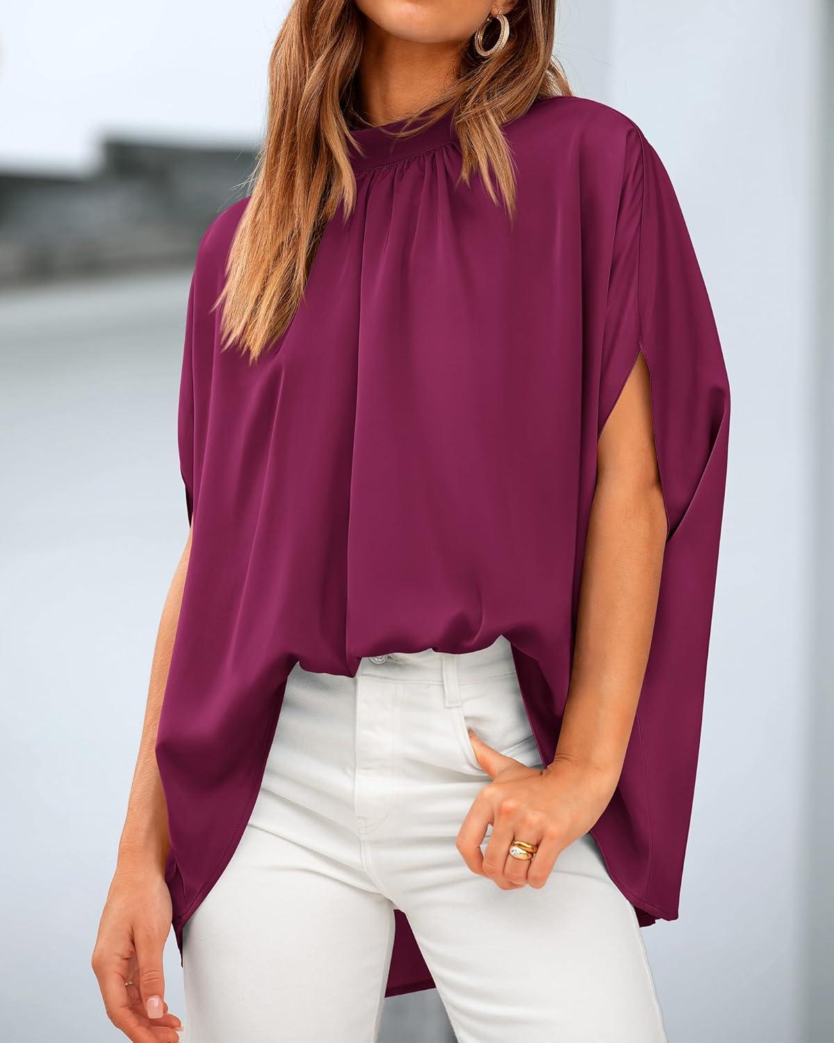 imageBTFBM Womens Summer Tops 2025 Fall Mock Neck Batwing Sleeve Shirts Loose High Low Hem Oversized Dressy Casual BlousesPurple Red