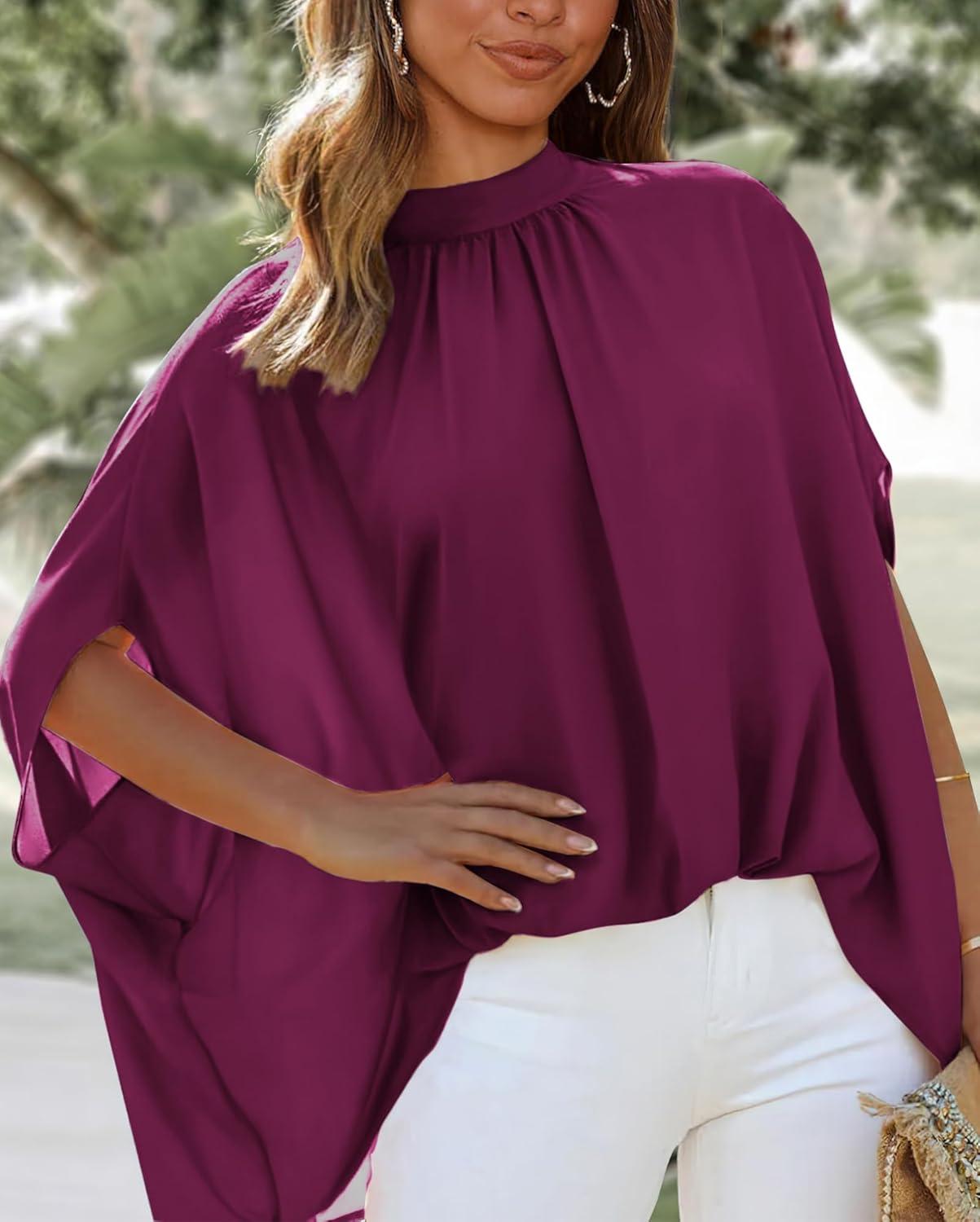 imageBTFBM Womens Summer Tops 2025 Fall Mock Neck Batwing Sleeve Shirts Loose High Low Hem Oversized Dressy Casual BlousesPurple Red