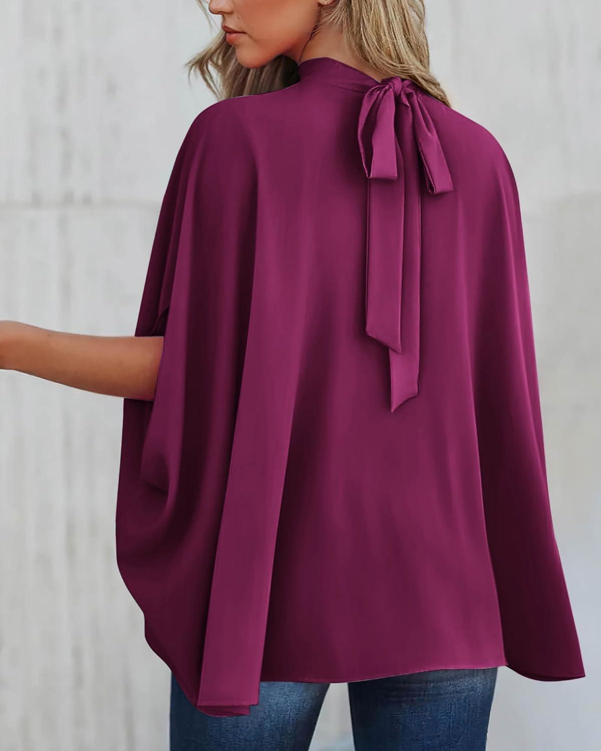 imageBTFBM Womens Summer Tops 2025 Fall Mock Neck Batwing Sleeve Shirts Loose High Low Hem Oversized Dressy Casual BlousesPurple Red