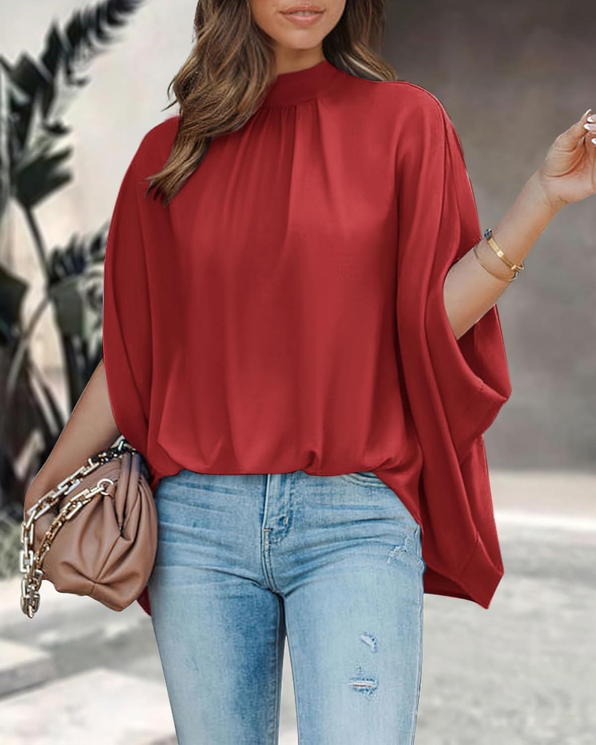 imageBTFBM Womens Summer Tops 2025 Fall Mock Neck Batwing Sleeve Shirts Loose High Low Hem Oversized Dressy Casual BlousesRed
