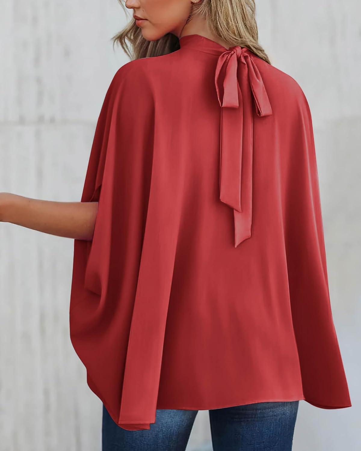 imageBTFBM Womens Summer Tops 2025 Fall Mock Neck Batwing Sleeve Shirts Loose High Low Hem Oversized Dressy Casual BlousesRed