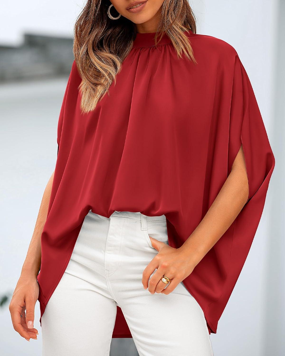 imageBTFBM Womens Summer Tops 2025 Fall Mock Neck Batwing Sleeve Shirts Loose High Low Hem Oversized Dressy Casual BlousesRed