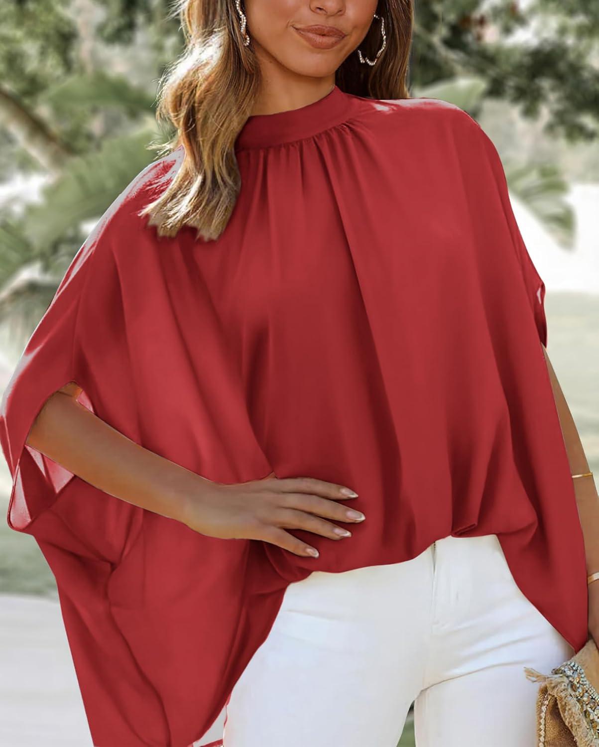 imageBTFBM Womens Summer Tops 2025 Fall Mock Neck Batwing Sleeve Shirts Loose High Low Hem Oversized Dressy Casual BlousesRed