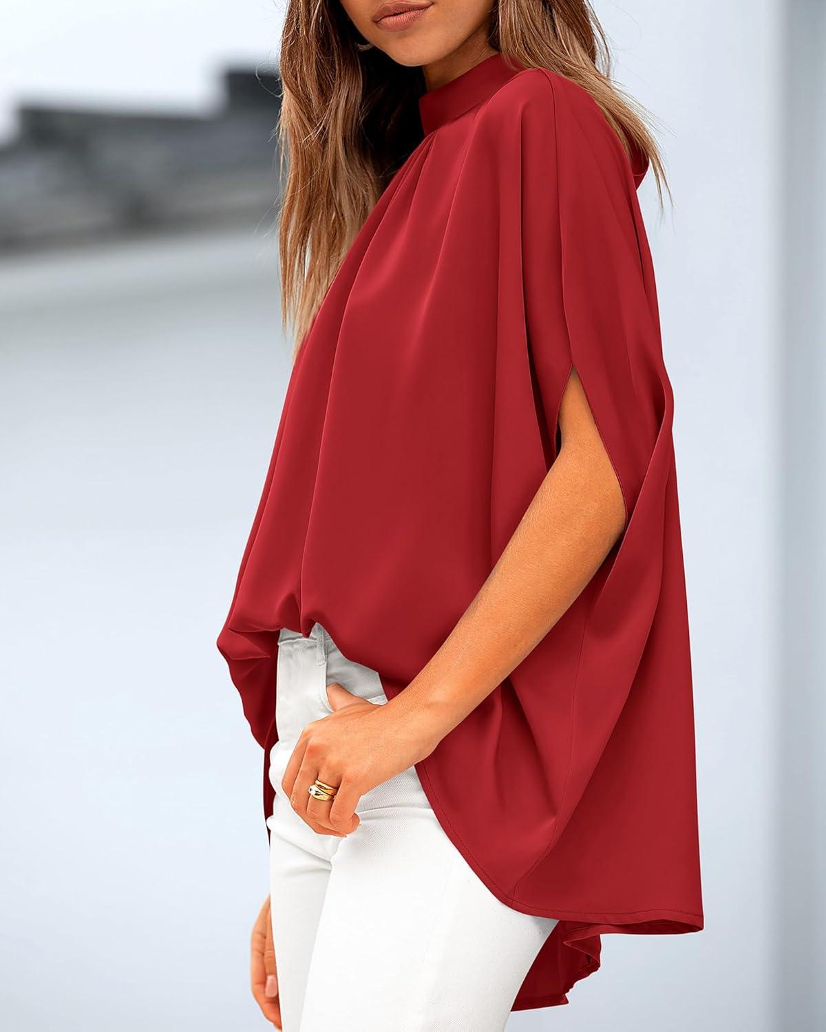 imageBTFBM Womens Summer Tops 2025 Fall Mock Neck Batwing Sleeve Shirts Loose High Low Hem Oversized Dressy Casual BlousesRed