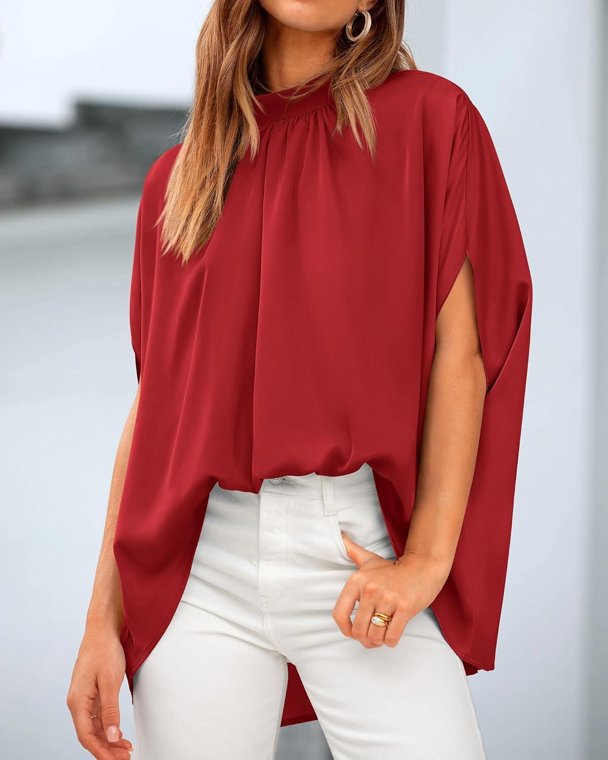 imageBTFBM Womens Summer Tops 2025 Fall Mock Neck Batwing Sleeve Shirts Loose High Low Hem Oversized Dressy Casual BlousesRed