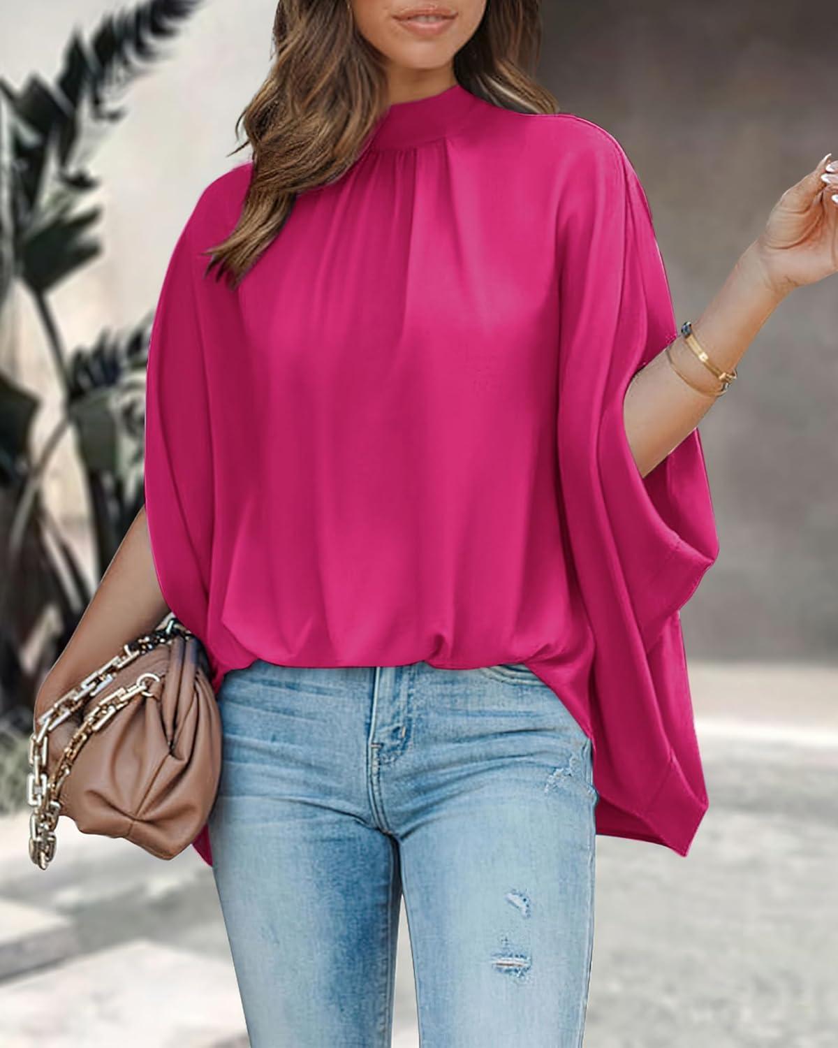 imageBTFBM Womens Summer Tops 2025 Fall Mock Neck Batwing Sleeve Shirts Loose High Low Hem Oversized Dressy Casual BlousesRose Red