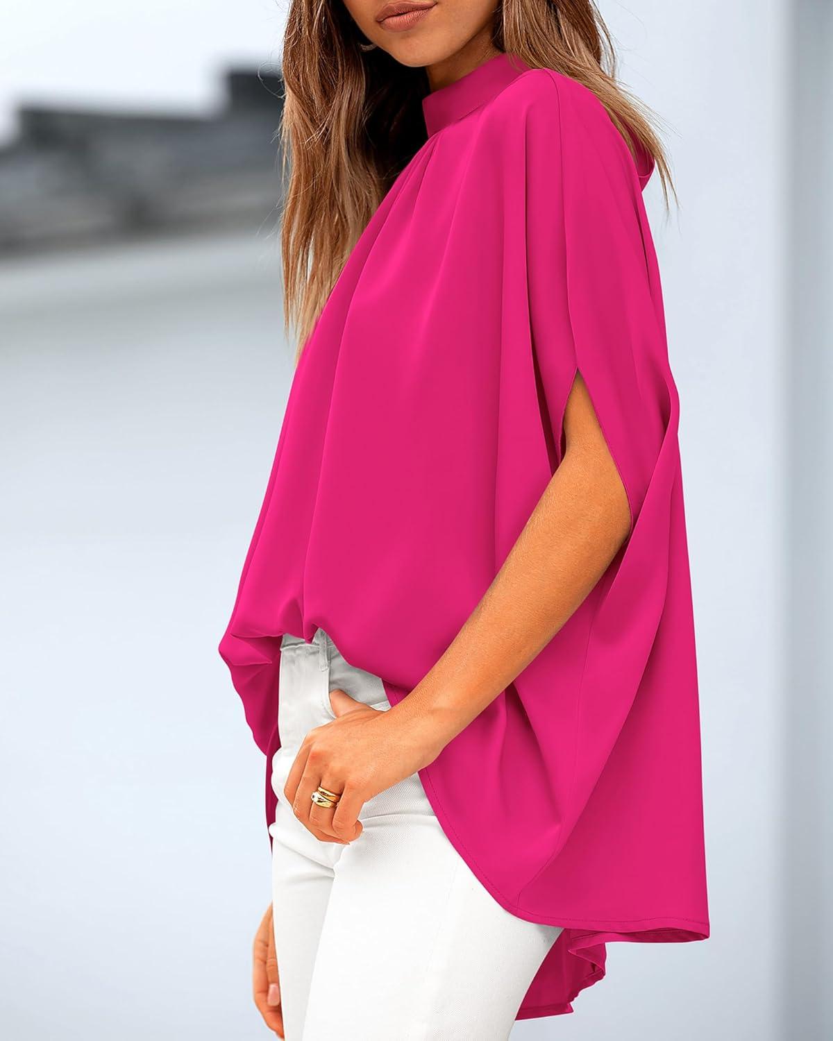 imageBTFBM Womens Summer Tops 2025 Fall Mock Neck Batwing Sleeve Shirts Loose High Low Hem Oversized Dressy Casual BlousesRose Red