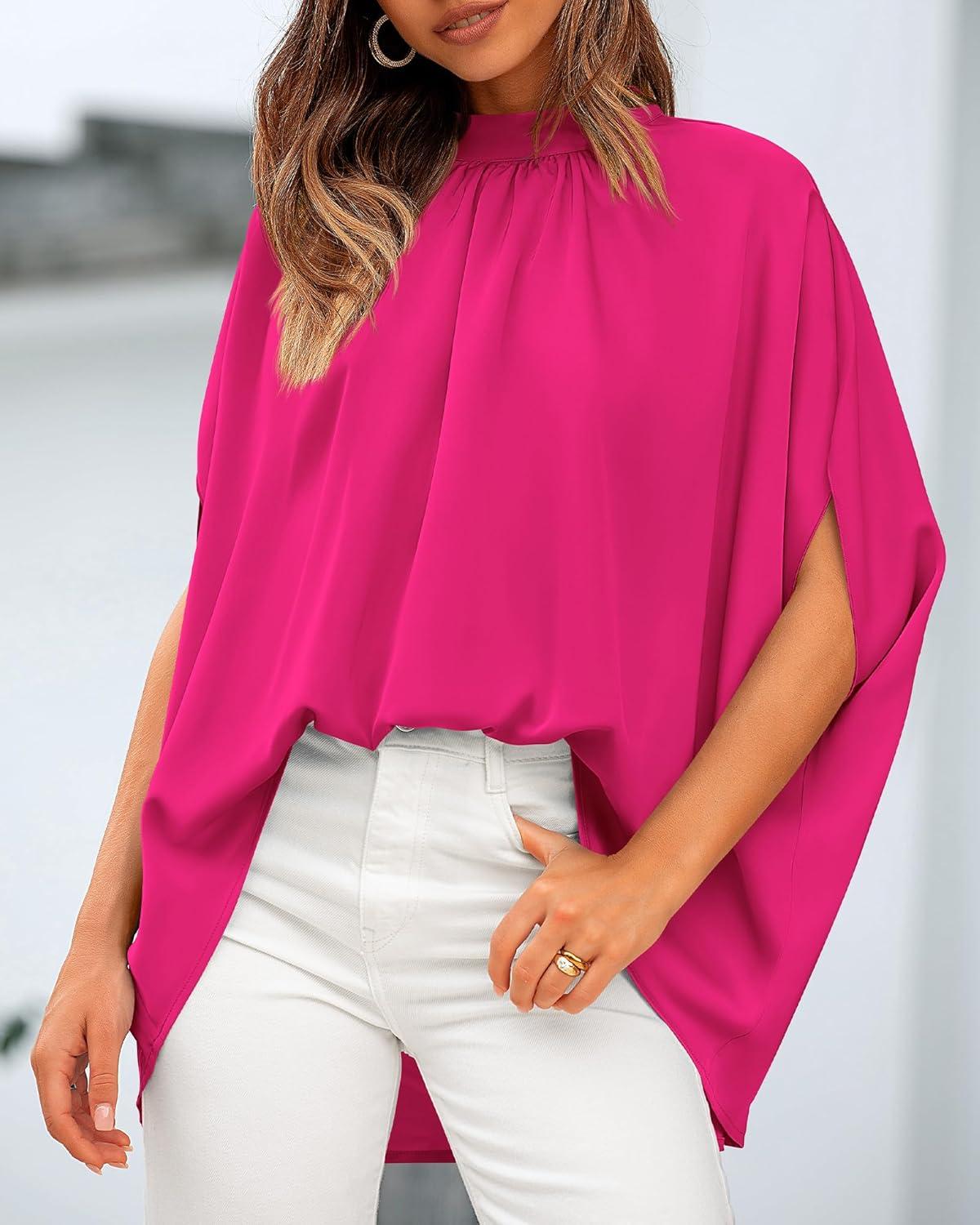 imageBTFBM Womens Summer Tops 2025 Fall Mock Neck Batwing Sleeve Shirts Loose High Low Hem Oversized Dressy Casual BlousesRose Red