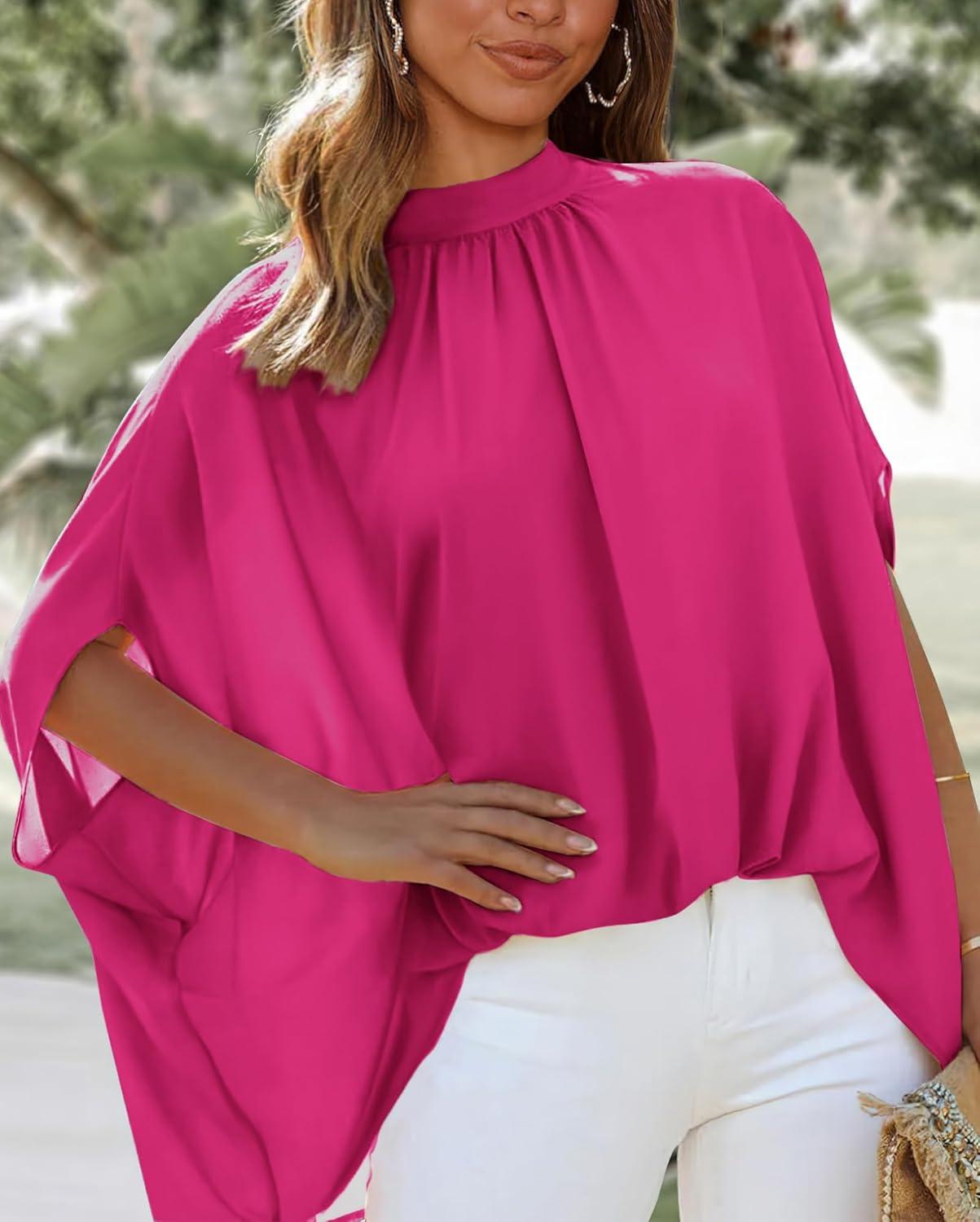 imageBTFBM Womens Summer Tops 2025 Fall Mock Neck Batwing Sleeve Shirts Loose High Low Hem Oversized Dressy Casual BlousesRose Red