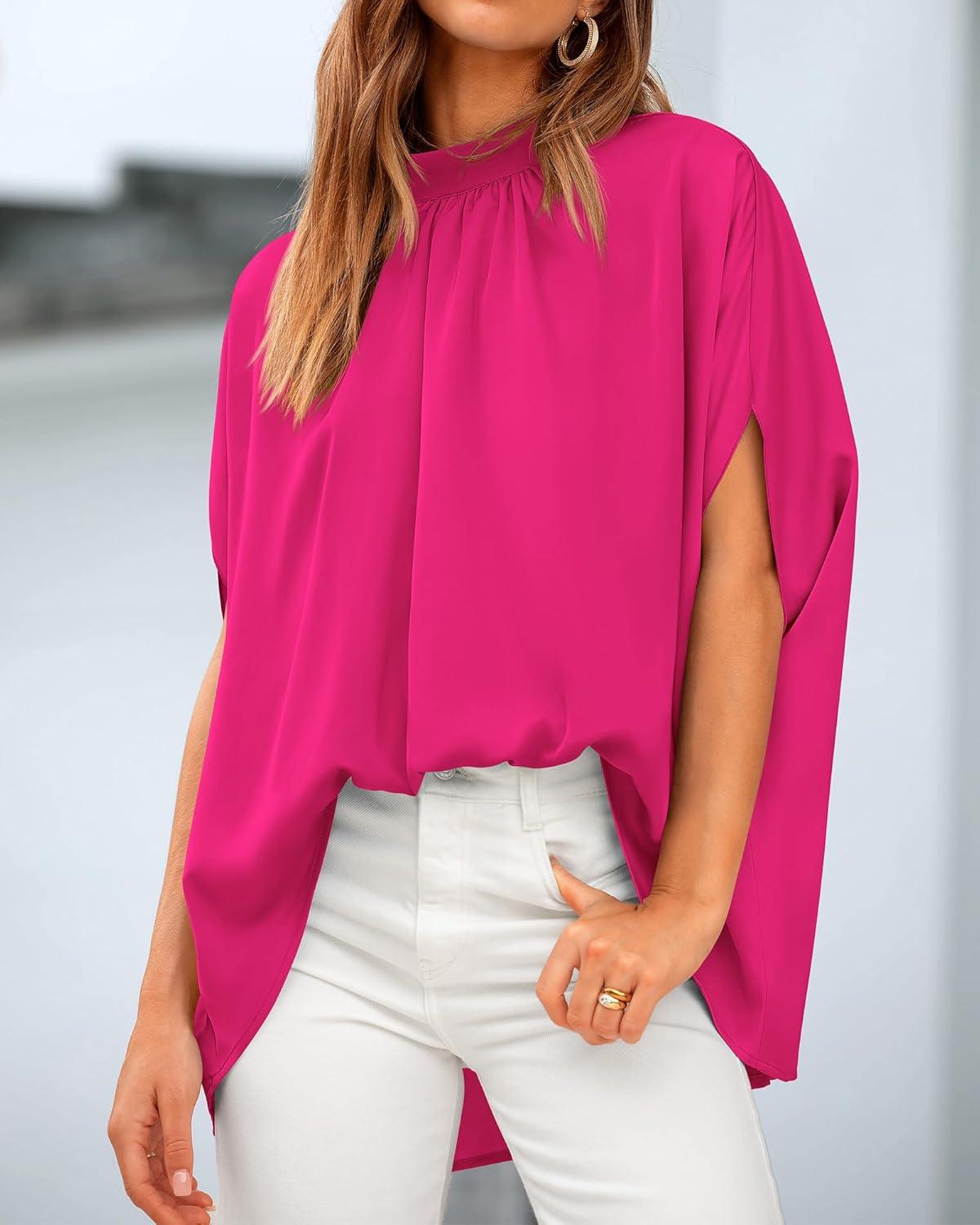 imageBTFBM Womens Summer Tops 2025 Fall Mock Neck Batwing Sleeve Shirts Loose High Low Hem Oversized Dressy Casual BlousesRose Red