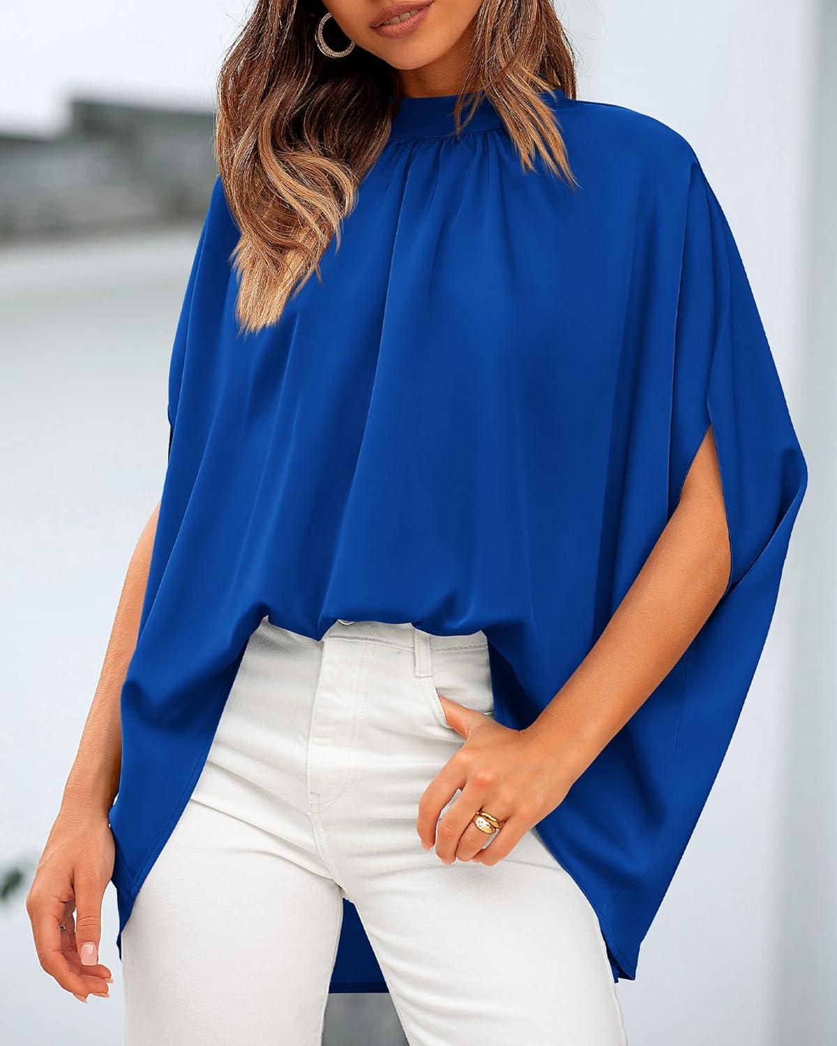 imageBTFBM Womens Summer Tops 2025 Fall Mock Neck Batwing Sleeve Shirts Loose High Low Hem Oversized Dressy Casual BlousesRoyal Blue