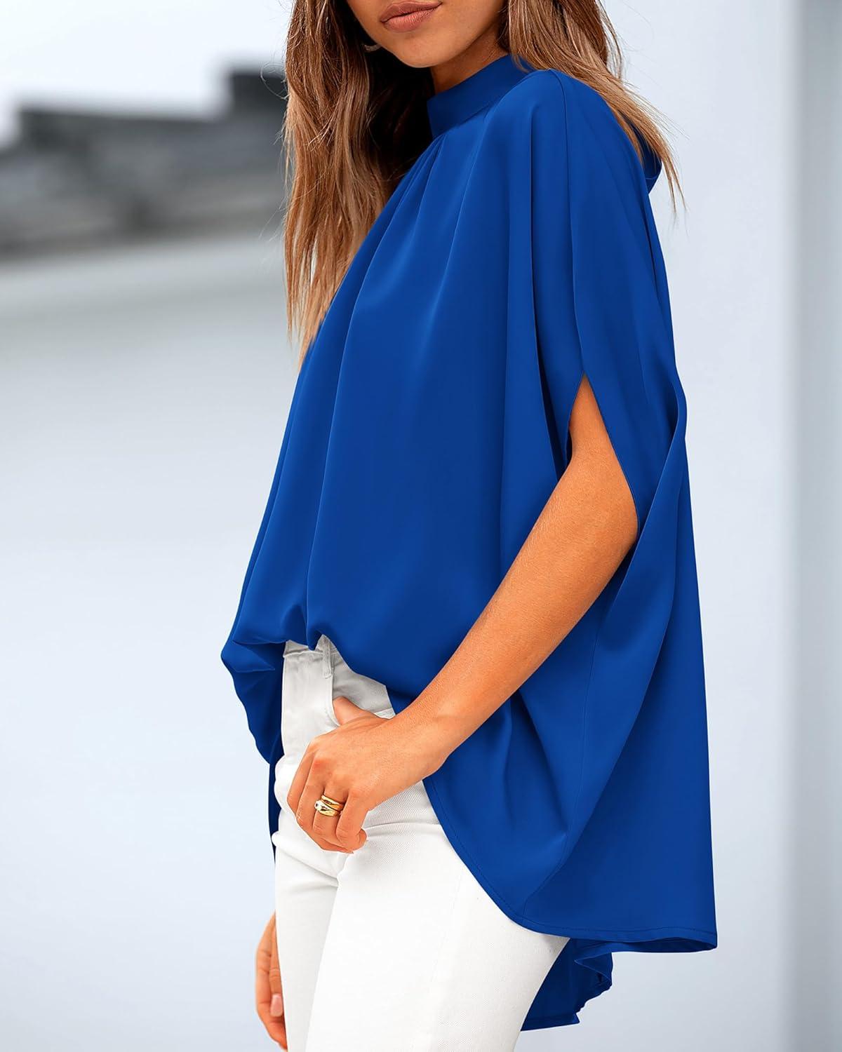 imageBTFBM Womens Summer Tops 2025 Fall Mock Neck Batwing Sleeve Shirts Loose High Low Hem Oversized Dressy Casual BlousesRoyal Blue