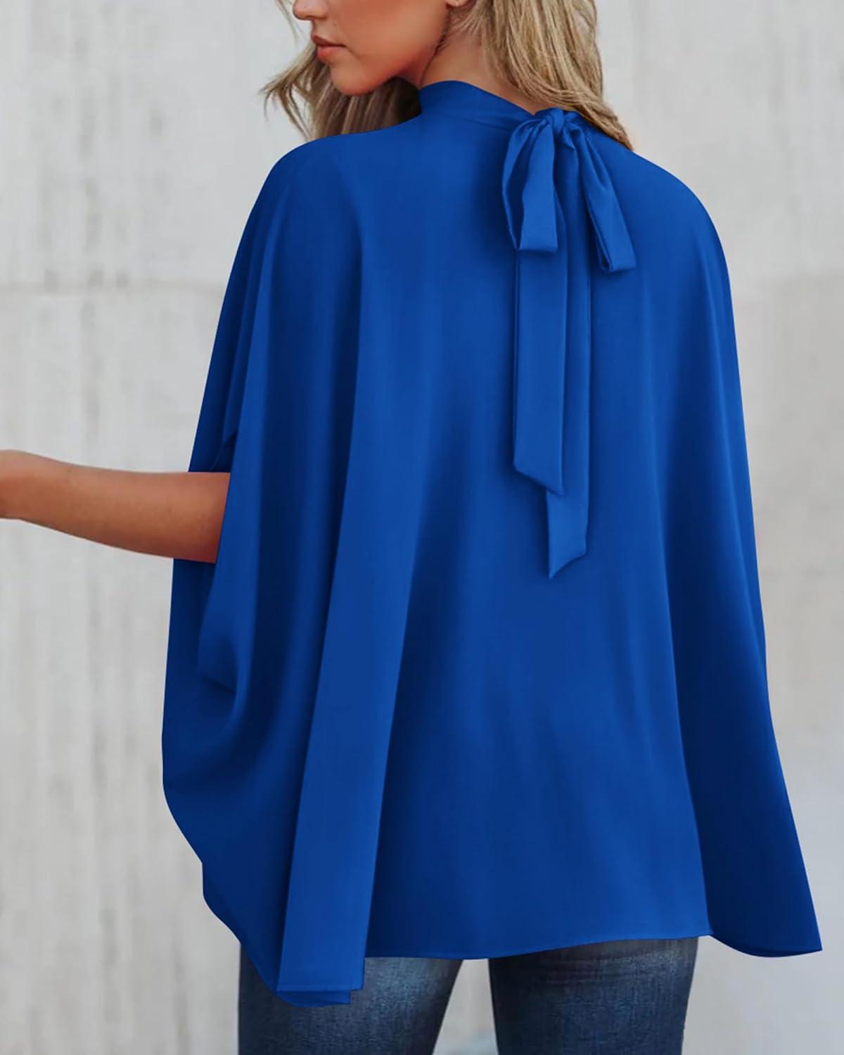 imageBTFBM Womens Summer Tops 2025 Fall Mock Neck Batwing Sleeve Shirts Loose High Low Hem Oversized Dressy Casual BlousesRoyal Blue
