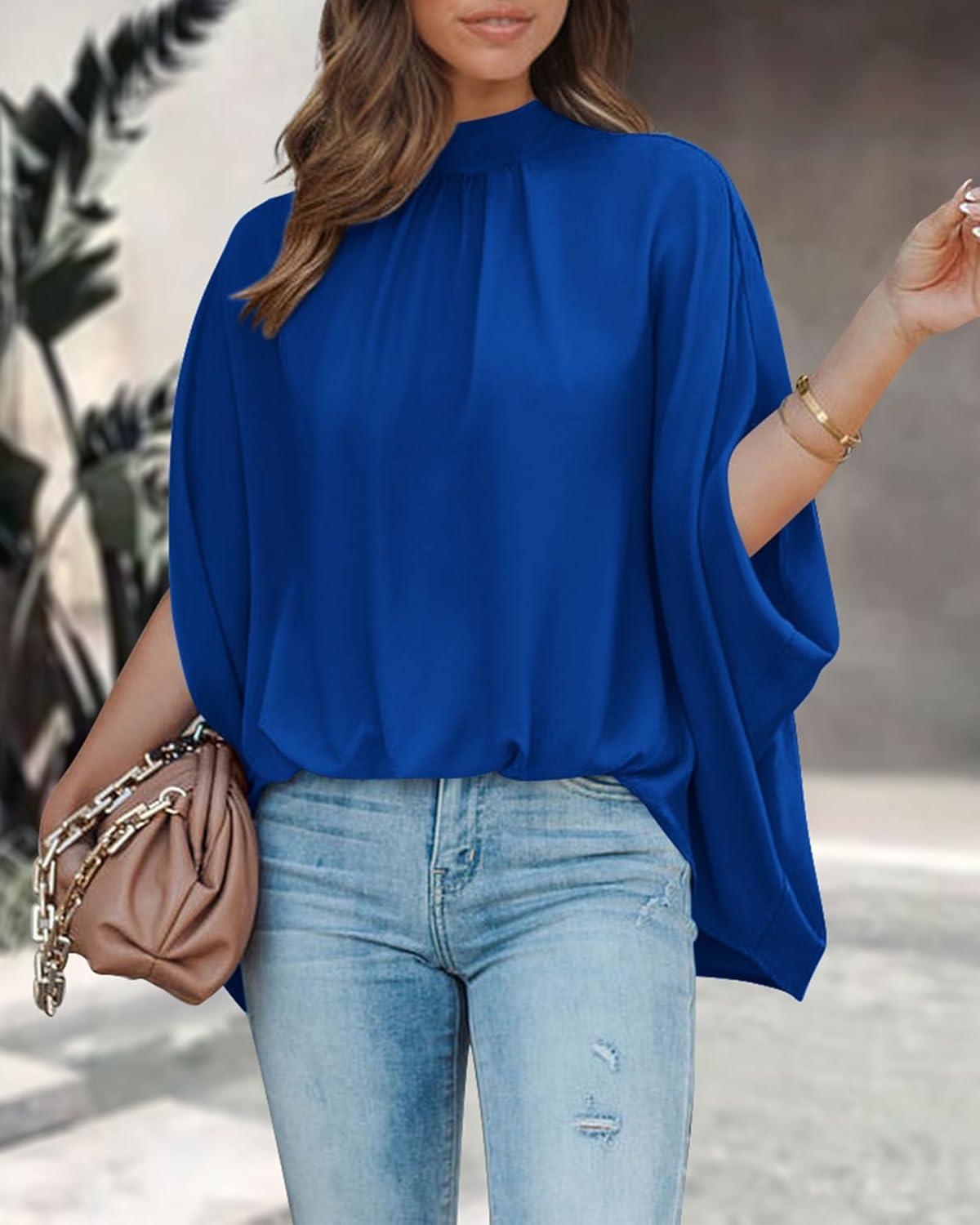 imageBTFBM Womens Summer Tops 2025 Fall Mock Neck Batwing Sleeve Shirts Loose High Low Hem Oversized Dressy Casual BlousesRoyal Blue