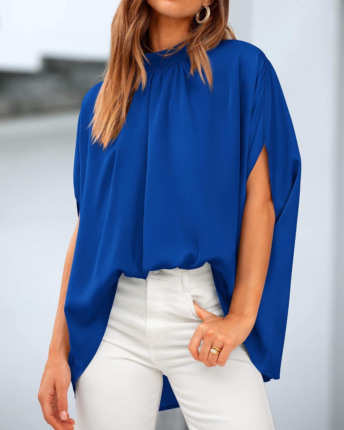 imageBTFBM Womens Summer Tops 2025 Fall Mock Neck Batwing Sleeve Shirts Loose High Low Hem Oversized Dressy Casual BlousesRoyal Blue